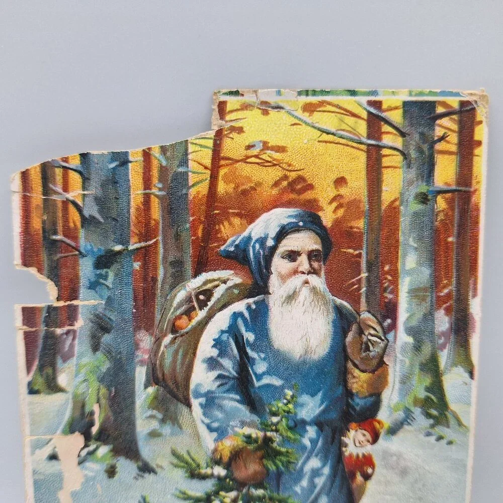 Antique German Santa Claus Christmas Postcard Blue Coat Merry Early 1900 Holiday